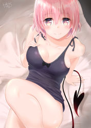 Rule 34 | 10s, 1girl, arm support, blue shirt, blush, bottomless, demon tail, from above, hand on own chest, light smile, momo velia deviluke, murio, pink hair, purple eyes, shirt, short hair, sitting, smile, solo, split mouth, tail, tank top, thighs, to love-ru, to love-ru darkness