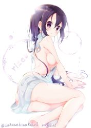 Rule 34 | 1girl, 2017, absurdres, arm support, ass, bare back, barefoot, black hair, breasts, dated, gochuumon wa usagi desu ka?, highres, long hair, looking at viewer, looking back, medium breasts, meme attire, naked sweater, neki (wakiko), parted lips, purple eyes, sideboob, signature, simple background, solo, sweater, tedeza rize, virgin killer sweater, white background