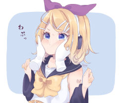 Rule 34 | 1girl, adapted costume, aomidori (em em37), arm tattoo, bare shoulders, blonde hair, blue eyes, bow, bowtie, cheek squash, detached collar, disembodied limb, eyelashes, frills, hair ornament, hair ribbon, hairclip, hand in own hair, hands on another&#039;s cheeks, hands on another&#039;s face, headphones, highres, kagamine rin, looking away, nail polish, purple ribbon, ribbon, sailor collar, short hair, swept bangs, tattoo, treble clef, upper body, vocaloid, w arms, yellow bow, yellow nails, yellow neckwear