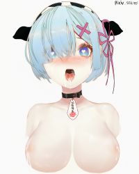 Rule 34 | 1girl, animal ears, animal print, artist name, bad id, bad pixiv id, blue eyes, blue hair, blush, breasts, breath, chinese commentary, collar, collarbone, commentary request, cow ears, cow print, cum, cum in mouth, fake animal ears, hair ornament, hair over one eye, hair ribbon, headdress, heart, heart-shaped pupils, highres, lactation, large breasts, looking at viewer, nipples, open mouth, pink ribbon, print headwear, re:zero kara hajimeru isekai seikatsu, redooo, rem (re:zero), ribbon, short hair, simple background, solo, symbol-shaped pupils, tag, tongue, tongue out, translation request, upper body, white background, x hair ornament