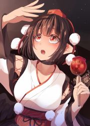 Rule 34 | 1girl, :o, arm up, bird wings, blush, breasts, brown hair, candy, candy apple, collarbone, commentary request, cross-laced clothes, feathered wings, festival, fingernails, fireworks, food, hat, highres, holding, holding candy, holding food, japanese clothes, kagami toufu, kourindou tengu costume, large breasts, lips, long sleeves, looking to the side, looking up, night, obi, open mouth, pointy ears, red eyes, red hat, reflection, ribbon-trimmed sleeves, ribbon trim, sash, shameimaru aya, short hair, sidelocks, sky, solo, standing, star (sky), starry sky, teeth, tokin hat, tongue, touhou, upper body, upper teeth only, white sleeves, wide sleeves, wings