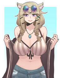 Rule 34 | 1girl, absurdres, animal ears, aqua nails, arknights, bare shoulders, bikini, breasts, brown hair, brown jacket, cleavage, collarbone, commentary, eyewear on head, hair ornament, hair over shoulder, highres, jacket, jewelry, large breasts, light brown hair, looking to the side, medium hair, midriff, necklace, purple eyes, red seiryu, solo, striped bikini, striped clothes, sunglasses, swimsuit, utage (arknights), utage (summer flowers) (arknights)