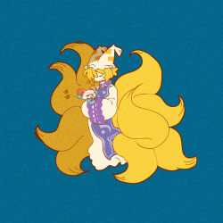 Rule 34 | 2girls, absurdres, aged down, animal hat, baby, blonde hair, blue background, blue tabard, closed eyes, commentary request, dress, fox tail, full body, hands in opposite sleeves, hat, highres, horns, kitsune, kyuubi, ling s, long dress, long sleeves, medium bangs, mob cap, multiple girls, multiple tails, pacifier, red eyes, red horns, sheep horns, short hair, simple background, tabard, tail, touhou, toutetsu yuuma, white dress, white hair, white headwear, wide sleeves, yakumo ran