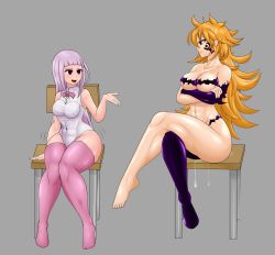Rule 34 | 2girls, bare arms, bare legs, bare shoulders, barefoot, breasts, derieri, feet, female focus, high heels, highres, large breasts, purple hair, leggings, looking at another, melascula, multiple girls, muscular, muscular female, nanatsu no taizai, pupiless eyes, sitting