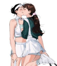 2girls arm_tattoo bare_arms black_hair blush brown_hair closed_eyes closed_mouth genderswap genderswap_(mtf) green_shirt haotmeal hat highres holding_tennis_racket k-pop kiss long_hair mole mole_on_cheek multiple_girls pleated_skirt ponytail real_life shirt shoes simple_background skirt sleeveless sleeveless_shirt smile sneakers socks sportswear sung_han-bin suspender_skirt suspenders tattoo tennis_uniform visor_cap white_background white_footwear white_hat white_shirt white_skirt white_socks yuri zerobaseone zhang_hao