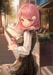 Rule 34 | 1girl, absurdres, bang dream!, blurry, commentary request, depth of field, dress, flower, from behind, hair flower, hair ornament, highres, holding, holding flower, huge filesize, looking at viewer, looking back, maruyama aya, medium hair, nogi momoko, open mouth, outdoors, pink eyes, plaid, plaid dress, plant, solo, sunlight, tree