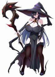 Rule 34 | 1girl, black hair, black hat, breasts, cleavage, dress, hat, highres, huge breasts, kloah, long hair, looking at viewer, original, red eyes, smile, staff, witch, witch hat