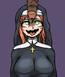 ahegao black_dress breasts collarbone cross crucifix dark-skinned_male dark_skin dress female_pervert green_eyes nun nun_veil penis penis_awe penis_on_face pervert red_hair sweat sweatdrop tongue tongue_out veil veins veiny_penis