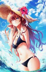 Rule 34 | 1girl, absurdres, ahoge, arm behind back, bare arms, bikini, black bikini, blue eyes, blue sky, bracelet, breasts, brown hair, cloud, cloudy sky, commentary request, cowboy shot, csc00014, eyelashes, flower, hair between eyes, hand to head, hand up, hat, hat flower, highres, huge filesize, ichinose shiki, idolmaster, idolmaster cinderella girls, idolmaster cinderella girls starlight stage, jewelry, lens flare, long hair, medium breasts, navel, necklace, o-ring, o-ring bikini, outdoors, partially submerged, sidelocks, sky, solo, straw hat, sun hat, swimsuit, underboob, water, wet