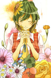Rule 34 | 1girl, ascot, colored eyelashes, daisy, eiru (phantasm-114), closed eyes, female focus, flower, flower request, green hair, hair flower, hair ornament, highres, holding, holding flower, kazami yuuka, own hands clasped, own hands together, plaid, plaid vest, rose, short hair, smile, solo, sunflower, touhou, vest, yellow flower, yellow rose