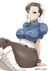 Rule 34 | 1girl, arakure, blue dress, boots, bracelet, breasts, brown eyes, brown hair, brown pantyhose, capcom, china dress, chinese clothes, chun-li, commentary request, cover, cross-laced footwear, double bun, dress, earrings, eyeshadow, hair bun, jewelry, lace-up boots, large breasts, makeup, pantyhose, pelvic curtain, pixiv, puffy short sleeves, puffy sleeves, short sleeves, sitting, solo, spiked bracelet, spikes, street fighter, thick thighs, thighs, white background, white footwear
