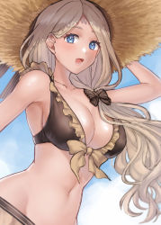 Rule 34 | 1girl, bikini, black bikini, black bow, blonde hair, blue eyes, blue sky, bow, breasts, cleavage, cloud, collarbone, commentary request, day, fire emblem, fire emblem: three houses, fire emblem heroes, frilled bikini, frills, hair bow, hat, hazuki (nyorosuke), highres, large breasts, long hair, looking at viewer, mercedes von martritz, navel, nintendo, official alternate costume, open mouth, outdoors, side ponytail, sky, smile, solo, stomach, straw hat, sun hat, swimsuit, very long hair