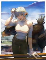Rule 34 | 1girl, blue eyes, blue hair, blue sky, border, breasts, brown pants, chinese commentary, chocobo, cloud, commentary request, day, earclip, elezen, elf, fangs, feet out of frame, final fantasy, final fantasy xiv, genderswap, genderswap (mtf), gloves, grass, hand on own head, hand up, haurchefant greystone, highres, large breasts, leaning forward, against railing, looking at viewer, mountain, mountainous horizon, open mouth, outdoors, outside border, pants, pointy ears, sekiikei, shirt, short hair, sky, sleeves rolled up, smile, solo, standing, turtleneck, white border, white gloves, white shirt