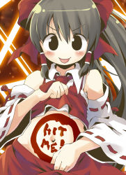 Rule 34 | 1girl, :p, bare shoulders, bodypaint, bow, brown eyes, brown hair, detached sleeves, face, female focus, gameplay mechanics, hair bow, hakurei reimu, hitbox, japanese clothes, long hair, midriff, miko, navel, solo, tongue, tongue out, touhou, yudepii