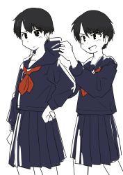 Rule 34 | 2girls, adjusting clothes, black hair, haida katsuretsu, highres, multiple girls, original, school uniform, tagme, white background