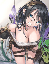 Rule 34 | 1girl, bare shoulders, black hair, black jacket, blue eyes, blush, breasts, brown hairband, cleavage, collarbone, downblouse, earrings, glasses, graffiti, granblue fantasy, grin, hairband, hanging breasts, highres, illnott, jacket, jewelry, large breasts, leaning forward, long hair, looking at viewer, multiple earrings, necklace, off-shoulder shirt, off shoulder, open clothes, open jacket, pouch, sagace, shirt, smile, smug, thigh strap, thighs, white shirt