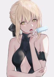 Rule 34 | 1girl, arm strap, artoria pendragon (all), artoria pendragon (alter swimsuit rider) (first ascension) (fate), artoria pendragon (fate), bare arms, bare shoulders, black bow, black one-piece swimsuit, blonde hair, bow, breasts, casual one-piece swimsuit, cleavage cutout, clothing cutout, fate/grand order, fate (series), food, gradient background, grey background, hair bow, highres, holding, holding food, medium breasts, melting, meltymaple, official alternate costume, one-piece swimsuit, open mouth, popsicle, saber alter, short hair, sidelocks, solo, swimsuit, tongue, tongue out, upper body, yellow eyes