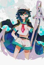 Rule 34 | 1girl, :&gt;, :p, abstract background, anchor, anchor print, aqua eyes, aqua sailor collar, arm support, belt, black belt, black cape, black hair, bright pupils, cape, chain, closed mouth, commentary, contrapposto, cowboy shot, cropped legs, eyes visible through hair, floating cape, gloves, grey background, hair between eyes, hand on own hip, hand up, hat, highres, looking at viewer, midriff peek, murasa minamitsu, muted color, neckerchief, phantasmic, red neckerchief, sailor, sailor collar, sailor hat, sailor shirt, shirt, short hair, short sleeves, shorts, sleeve cuffs, smile, solo, sparkle, split mouth, standing, straight-on, symbol-only commentary, texture, tongue, tongue out, touhou, wavy hair, white gloves, white hat, white pupils, white shirt, white shorts