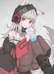 Rule 34 | 1girl, absurdres, animal ears, arknights, black footwear, black hat, blunt bangs, boots, brown pantyhose, commentary, detached collar, drink, drinking, drinking straw, frostleaf (arknights), full body, gradient hair, grey background, grey hair, hat, headphones, highres, holding, holding drink, ice, ice cube, implied extra ears, jacket, knees up, looking at viewer, material growth, medium hair, multicolored hair, nyo (fy 1), open clothes, open jacket, oripathy lesion (arknights), pantyhose, red eyes, red jacket, simple background, solo, tail, thigh boots