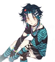 Rule 34 | 1boy, arm on knee, bead necklace, beads, black collar, black hair, black shirt, black shorts, black thighhighs, blue hair, bone hair ornament, bow, collar, dolphin shorts, doupu41, earrings, facial mark, feet out of frame, forehead mark, genshin impact, green shirt, hair bow, hair ornament, highres, jewelry, kneehighs, looking at viewer, male focus, multicolored hair, necklace, parted lips, shirt, short shorts, shorts, simple background, single thighhigh, sitting, slit pupils, socks, solo, spiked collar, spikes, star (symbol), star hair ornament, sticker on face, striped arm warmers, thighhighs, torn clothes, torn thighhighs, two-tone hair, two-tone shirt, white background, x hair ornament, xiao (genshin impact), yellow eyes