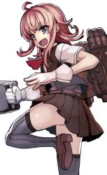 Rule 34 | &gt;:d, 10s, 1girl, :d, ahoge, arashi (kancolle), belt, blouse, clenched hand, commentary request, gloves, grey thighhighs, gun, holding, holding gun, holding weapon, kantai collection, kerchief, leg up, loafers, looking back, machinery, messy hair, open mouth, pleated skirt, red hair, school uniform, shirt, shoes, sitting, skirt, smile, solo, standing, standing on one leg, thighhighs, torpedo, v-shaped eyebrows, vest, weapon, white background, white gloves, yu 65026
