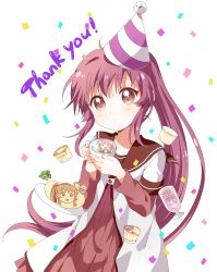 Rule 34 | 1girl, commentary request, confetti, dress, expressionless, food, frog, hat, highres, ice cream, latte art, layered sleeves, long hair, long sleeves, looking at viewer, namori, party hat, ponytail, purple eyes, purple hair, sailor dress, school uniform, serafuku, short over long sleeves, short sleeves, sidelocks, solo, sugiura ayano, thank you, yuru yuri