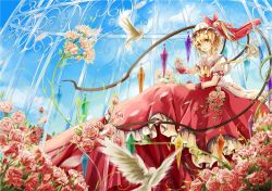 Rule 34 | 1girl, ascot, bird, birdcage, blue sky, cage, cloud, day, dress, female focus, flandre scarlet, flower, hat, hat ribbon, jellyfishome, open mouth, red eyes, ribbon, rose, side ponytail, sky, smile, solo, touhou, wings, wrist cuffs
