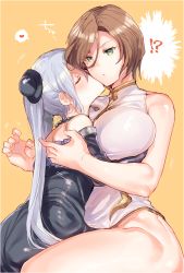 Rule 34 | !?, 2girls, :o, age difference, back, bare arms, bare legs, bare shoulders, black dress, black hat, black knight (granblue fantasy), blush, breasts, brown hair, closed eyes, couple, covered collarbone, dress, eno yukimi, female focus, granblue fantasy, green eyes, hair between eyes, hat, heart, hug, jewelry, kiss, kissing cheek, large breasts, legs, leotard, long hair, long sleeves, mini hat, multiple girls, neck, necklace, off-shoulder dress, off shoulder, onee-loli, open mouth, orange background, orchis, pearl necklace, short hair, silver hair, simple background, sitting, skin tight, spoken heart, trembling, twintails, white dress, yuri