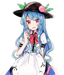 Rule 34 | 1girl, apron, black hat, blue hair, blue skirt, bow, bowtie, commentary, cowboy shot, disgust, food, fruit, hand up, hat, hinanawi tenshi, leaf, light blush, long hair, looking at viewer, mozukuzu (manukedori), parted lips, peach, puffy sleeves, red bow, red bowtie, red eyes, shirt, simple background, sketch, skirt, touhou, v-shaped eyebrows, waist apron, wavy hair, white apron, white background, white shirt