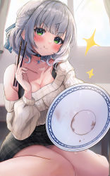 Rule 34 | 1girl, :t, absurdres, amefukura art, black choker, black skirt, blunt bangs, blush, bowl, braid, breasts, choker, chopsticks, cleavage, closed mouth, collarbone, commentary request, food, food on face, green eyes, highres, holding, holding bowl, holding chopsticks, hololive, large breasts, long sleeves, medium hair, off-shoulder sweater, off shoulder, official alternate costume, plaid, plaid skirt, puffy long sleeves, puffy sleeves, shirogane noel, shirogane noel (casual), silver hair, sitting, skirt, solo, sparkle, sweater, virtual youtuber, wariza, white sweater