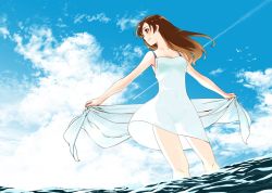 Rule 34 | 10s, 1girl, bare arms, bikini, bikini under clothes, bird, blue sky, brown eyes, brown hair, cloud, cloudy sky, contrail, day, dress, gustav (telomere na), idolmaster, idolmaster cinderella girls, long hair, looking to the side, nitta minami, ocean, profile, see-through silhouette, skirt hold, sky, sleeveless, smile, solo, sparkle, swimsuit, swimsuit under clothes, towel, wading, white dress