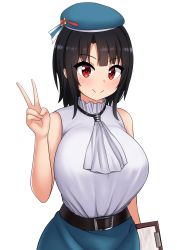 Rule 34 | 1girl, absurdres, bare shoulders, belt, black hair, breasts, clipboard, eyes visible through hair, hat, highres, huge breasts, kantai collection, large breasts, looking at viewer, neckerchief, red eyes, shirt, shirt tucked in, short hair, sleeveless, smile, solo, takao (kancolle), the only shoe, v, white background, white shirt