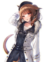 Rule 34 | 1girl, animal ears, arm up, bad id, bad twitter id, beret, black hair, black hat, brown eyes, brown hair, cat ears, cat girl, cat tail, coat, collarbone, commentary, facial mark, final fantasy, final fantasy xiv, fur-trimmed coat, fur trim, hat, head tilt, long sleeves, looking at viewer, midorikawa you, miqo&#039;te, open clothes, open coat, parted lips, ponytail, shirt, smile, solo, symbol-only commentary, tail, undershirt, warrior of light (ff14), whisker markings, white shirt