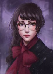 Rule 34 | 1girl, absurdres, black-framed eyewear, black coat, chromatic aberration, closed mouth, coat, commentary, eyelashes, glasses, guweiz (style), highres, light smile, lips, lipstick, long hair, looking at viewer, makeup, nose, original, parody, purple background, purple eyes, red lips, red scarf, round eyewear, scarf, shiro-hane, snow, solo, style parody, upper body