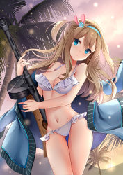 Rule 34 | 1girl, :&lt;, bikini, blonde hair, blue eyes, blush, breasts, brown hair, cleavage, closed mouth, collarbone, contrapposto, cowboy shot, frilled bikini, frills, girls&#039; frontline, gun, hip focus, jacket, jacket on shoulders, long hair, looking at viewer, medium breasts, navel, official alternate costume, open clothes, open jacket, outdoors, palm tree, solo, standing, submachine gun, suomi (girls&#039; frontline), suomi kp/-31, swimsuit, thigh gap, thighs, tree, two side up, weapon, white bikini, ying yue