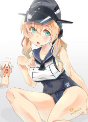 Rule 34 | 0 0, 2girls, alternate costume, aqua eyes, artist name, blonde hair, breasts, clothes theft, cosplay, covered navel, crop top, embarrassed, flying sweatdrops, hair between eyes, hat, highres, imu sanjo, kantai collection, large breasts, long hair, looking at viewer, multiple girls, nude, one-piece swimsuit, one-piece tan, open mouth, prinz eugen (kancolle), ro-500 (kancolle), ro-500 (kancolle) (cosplay), school swimsuit, school uniform, serafuku, sideboob, signature, swimsuit, swimsuit under clothes, tan, tanline, tears, theft, thighs, twintails, undersized clothes, unworn swimsuit