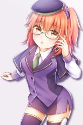 Rule 34 | 1girl, artist request, blue hat, blue scrunchie, blush, breasts, commentary request, fate/grand order, fate (series), fujimaru ritsuka (female), glasses, green necktie, grey background, hair between eyes, hair ornament, hair scrunchie, hat, jacket, large breasts, long sleeves, looking at viewer, multicolored clothes, multicolored jacket, necktie, one side up, open mouth, orange eyes, orange hair, scrunchie, side ponytail, simple background, solo, thighhighs, two-tone jacket, two-tone skirt