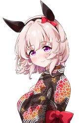 Rule 34 | 1girl, alternate costume, black kimono, blush, bow, bowtie, curren chan (umamusume), ear covers, floral print, from side, goom (goomyparty), grey hair, head tilt, highres, horse girl, japanese clothes, kimono, looking at viewer, looking to the side, purple eyes, short hair, simple background, smile, solo, umamusume, white background