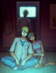 Rule 34 | 1boy, 1girl, barefoot, blonde hair, brown hair, couple, dark, death, different reflection, glasses, hallucination, head on another&#039;s shoulder, hetero, highres, image sample, mike inel, mirror, original, reflection, sad, short hair, sitting, skirt, television, watching television