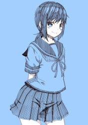 Rule 34 | 10s, 1girl, arms behind back, bare legs, blue background, blue theme, closed mouth, commentary request, female focus, fubuki (kancolle), kantai collection, kouji (campus life), looking at viewer, low ponytail, monochrome, pleated skirt, school uniform, serafuku, simple background, sketch, skirt, smile, solo