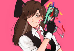 Rule 34 | 1girl, ;), animal ears, bjmaki, black gloves, black vest, brown eyes, brown hair, charm (object), closed mouth, collar, collared shirt, confetti, d.va (overwatch), dress shirt, eyebrows, facepaint, facial mark, gloves, gun, handgun, holding, holding gun, holding weapon, long hair, necktie, one eye closed, overwatch, overwatch 1, pink background, pink necktie, rabbit ears, shirt, short sleeves, simple background, sleeves pushed up, smile, solo, upper body, vest, weapon, whisker markings, white shirt, wing collar, wrist cuffs