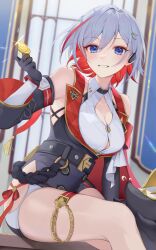 Rule 34 | 1girl, absurdres, bare shoulders, belt, black belt, black gloves, blue eyes, breasts, cleavage, cleavage cutout, clothing cutout, coin, commentary request, detached sleeves, feet out of frame, gloves, grey hair, grin, highres, holding, holding coin, honkai: star rail, honkai (series), ion (on01e), medium breasts, multicolored hair, numby (honkai: star rail), red hair, revision, short hair, sitting, smile, solo, streaked hair, thigh strap, thighs, topaz (honkai: star rail), trotter (honkai: star rail)