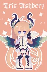 Rule 34 | 1girl, :q, ahoge, blonde hair, blush stickers, boots, character name, chibi, closed mouth, dragon horns, dragon wings, full body, garter straps, gloves, horns, iris ashbery, jitome, lieat, long hair, long sleeves, looking at viewer, lowres, miwasiba, official art, orange background, outline, outstretched arm, pigeon-toed, purple eyes, simple background, skirt, smile, solo, sparkle, standing, tongue, tongue out, twintails, uniform, v-shaped eyebrows, very long hair, white footwear, white gloves, white skirt, wings