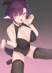 Rule 34 | 1girl, absurdres, armpit crease, bare shoulders, black dress, black horns, black thighhighs, bracelet, choker, collarbone, covered collarbone, demon girl, demon horns, dress, fingernails, gradient background, grain, green eyes, hair between eyes, highres, horns, jewelry, lifted by self, long fingernails, mole, no shoes, open mouth, original, panties, pantyshot, pointy ears, purple hair, saliva, saliva trail, short hair, sitting, skindentation, solo, symbol-shaped pupils, teeth, thighhighs, tongue, tongue out, underwear, upper teeth only, wariza, white panties, x-shaped pupils