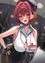 Rule 34 | 1girl, absurdres, amane sora, bare shoulders, beret, black choker, black gloves, black hat, black pantyhose, blush, breasts, choker, cleavage, earrings, fang, fingerless gloves, gloves, hat, heterochromia, highres, hololive, houshou marine, houshou marine (businesswoman), jewelry, large breasts, looking at viewer, open mouth, pantyhose, red eyes, red hair, short hair, smile, solo, virtual youtuber, yellow eyes