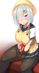 Rule 34 | 1girl, absurdres, apron, bandana, black gloves, black pantyhose, blue eyes, blue sailor collar, blue skirt, blush, breasts, chestnut mouth, commentary request, feet out of frame, gloves, hair ornament, hair over one eye, hairclip, hamakaze (kancolle), highres, jakko, kantai collection, large breasts, looking at viewer, pantyhose, pleated skirt, sailor collar, school uniform, serafuku, short hair, silver hair, simple background, sitting, skirt, solo, thick thighs, thighs, white background, white gloves, yellow apron, yellow neckwear
