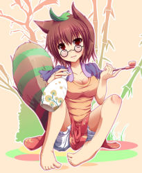 Rule 34 | 1girl, animal ears, bare legs, barefoot, bloomers, blush, breasts, brown hair, cleavage, female focus, futatsuiwa mamizou, glasses, highres, jug (bottle), kiseru, leaf, leaf on head, liya, medium breasts, object on head, raccoon ears, raccoon tail, red eyes, short hair, sitting, skirt, smile, smoking pipe, solo, tail, touhou, underwear