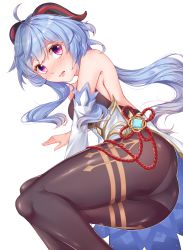 Rule 34 | 1girl, absurdres, ahoge, artist request, ass, bare shoulders, blue hair, blush, bodysuit, breasts, cameltoe, detached sleeves, embarrassed, ganyu (genshin impact), genshin impact, highres, horns, leotard, long hair, looking at viewer, lying, on side, open mouth, pantyhose, purple eyes, shiny clothes, shiny skin, solo, very long hair, waist cape, white background
