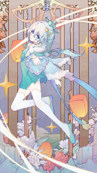 Rule 34 | 1girl, absurdres, blue dress, blue eyes, blue footwear, chinese clothes, closed mouth, dress, flower, full body, hair ornament, hhs240, highres, honkai (series), honkai impact 3rd, lantern, long hair, long sleeves, looking at viewer, outstretched arm, red flower, smile, solo, theresa apocalypse, zhuge kongming (honkai impact), thighhighs, white flower, white hair, white thighhighs, zhuge kongming (honkai impact)