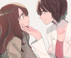 Rule 34 | 2girls, brown eyes, brown hair, collarbone, grey background, hand on another&#039;s chin, long hair, long sleeves, looking at viewer, multiple girls, open clothes, original, short hair, smile, sou (tuhut), upper body, yuri